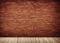 Empty wood floor and brick wall, with copy space, AI generated image. Royalty Free Stock Photo