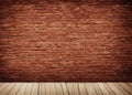 Empty wood floor and brick wall, with copy space, AI generated image. Royalty Free Stock Photo