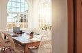 Empty, wood and luxury dining room interior design in summer at a hotel, house or apartment with an elegant style Royalty Free Stock Photo