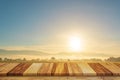 Empty wood perspective over nature landscape sunset background. Royalty Free Stock Photo