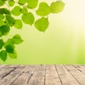 Empty wood plank table top with blur park green leaves nature background bokeh light, Mock up for display or montage of product Royalty Free Stock Photo