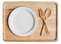 Empty wood plate with blank dish and spoon ,frok