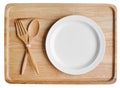 Empty wood plate dish and spoon ,fork Royalty Free Stock Photo