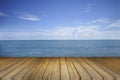 Empty wood table and beautiful peace sea in background. product display template. Business presentation