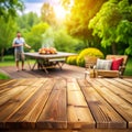 Empty wood table with blur BBQ space for background Royalty Free Stock Photo