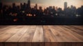 Empty wood table with blur evening city view background. Generative AI Royalty Free Stock Photo