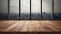 Empty wood table with blur room office and window city view background. Generative AI Royalty Free Stock Photo