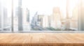 Empty wood table with blur room office and window city view Royalty Free Stock Photo