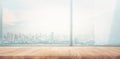 Empty wood table with blur window city view background. Royalty Free Stock Photo