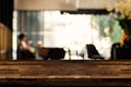 Empty wood table with Blurred background made with Vintage Tones, Coffee shop blur background with bokeh.