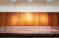 Empty wood table and blurred booked cafe light background. product display template. Business presentation Royalty Free Stock Photo