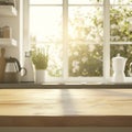 empty wood table with blurred modern interior kitchen, window with sunny mood Royalty Free Stock Photo
