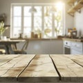 empty wood table with blurred modern interior kitchen, window with sunny mood Royalty Free Stock Photo