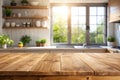 Empty wood table with blurred modern interior kitchen, window with sunny mood Royalty Free Stock Photo