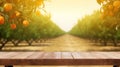 Empty wood table with free space over orange trees, orange field background. For product display montage. Generative AI Royalty Free Stock Photo