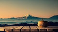 Empty wood table for product mock up and display with Japan Fuji mountain in the Background, Generative AI