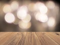 Empty wood surface with backdrop blurred bokeh lights background, product display Royalty Free Stock Photo