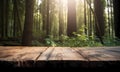 Empty Wood Table with Sunlit Forest Background. Mock-up for product. Generative Ai Royalty Free Stock Photo