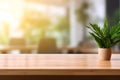 Empty wood table in a sunny office with blurred background, ai generative illustration Royalty Free Stock Photo