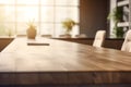 Empty wood table in a sunny office, blurred background, ai generative illustration Royalty Free Stock Photo