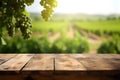 Empty wood table in a sunny vineyard with grapes, blurred background, ai generative illustration Royalty Free Stock Photo