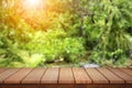 Empty wood table top on blur abstract green from garden  background Royalty Free Stock Photo