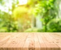 Empty wood table top on blur abstract green from garden and home area background.For montage product display or design key visual Royalty Free Stock Photo
