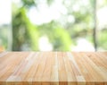 Empty wood table top on blur abstract green garden from window view background Royalty Free Stock Photo