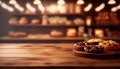 Empty wood table top on blur bakery shop or cafe restaurant with abstract bokeh background Royalty Free Stock Photo