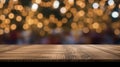Empty wood table top with blur Christmas tree. Generative AI. Royalty Free Stock Photo