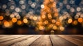 Empty wood table top with blur Christmas tree. Generative AI. Royalty Free Stock Photo