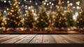 Empty wood table top with blur Christmas tree. Generative AI. Royalty Free Stock Photo