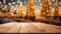 Empty wood table top with blur Christmas tree. Generative AI. Royalty Free Stock Photo