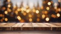 Empty wood table top with blur Christmas tree. Generative AI. Royalty Free Stock Photo