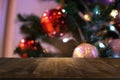 Empty wood table top and blur of glittering shine bulbs night li Royalty Free Stock Photo