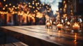 empty wood table top and blur of room with a christmas tree background. Generative AI Royalty Free Stock Photo
