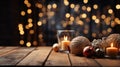 empty wood table top and blur of room with a christmas tree background. Generative AI Royalty Free Stock Photo