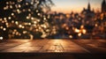 empty wood table top and blur of room with a christmas tree background. Generative AI Royalty Free Stock Photo