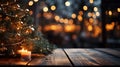 empty wood table top and blur of room with a christmas tree background. Generative AI Royalty Free Stock Photo