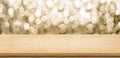 Empty Wood Table Top With Blur Sparkling Gold Bokeh Abstract Background,panoramic Banner For Display Or Montage