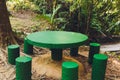 Empty wood table top on blurred background from tropical rainy forest, space for montage you products. Royalty Free Stock Photo