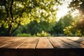 Empty wood table top and blurred garden with bokeh and sunlight. Product and display. Generative ai