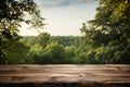 Empty wood table top and blurred garden with bokeh and sunlight. Product and display. Generative ai