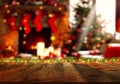 Empty wood table top on blurry bokeh Christmas tree and news year decoration. Concept Christmas time for web banner , display or Royalty Free Stock Photo