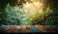 Empty wood table top on bokeh and blur abstract green background with golden lights. Product display template Royalty Free Stock Photo