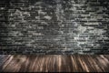 Empty wood table top and brick background with copy space. Royalty Free Stock Photo