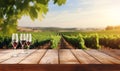 Empty wood table top with a glass of red wine on blurred vineyard landscape background. Royalty Free Stock Photo