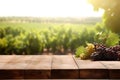 Empty wood table in a vineyard with beauty grapes, blurred background, ai generative illustration Royalty Free Stock Photo
