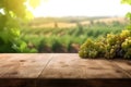 Empty wood table in a vineyard with grapes, blurred background, ai generative illustration Royalty Free Stock Photo