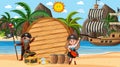 Empty wooden banner template with pirates at the beach daytime scene